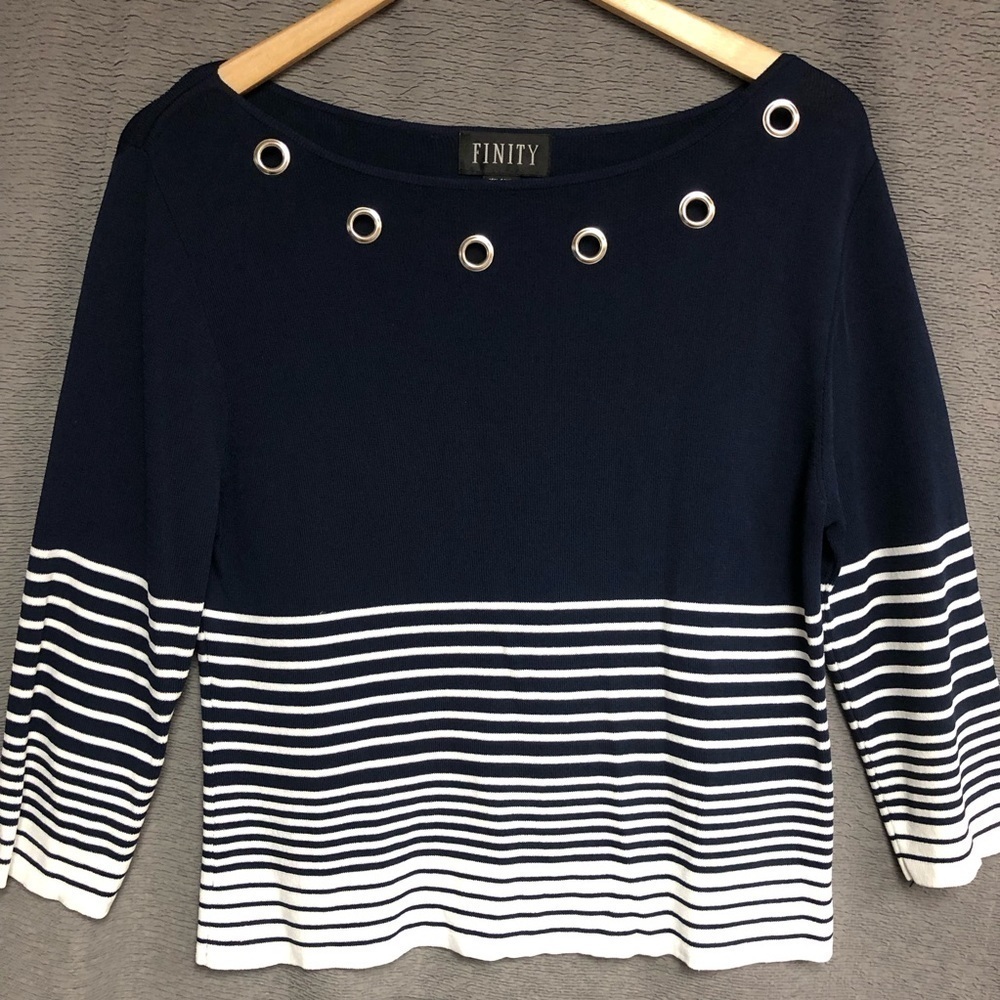 Finity Large Navy Blue Top With Bottom White And Blue Stripes Metal Rivets